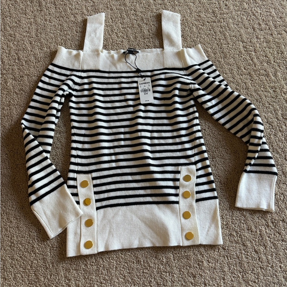 Express Women's White Black Striped Square Neck Pullover Sweater Button Detail M